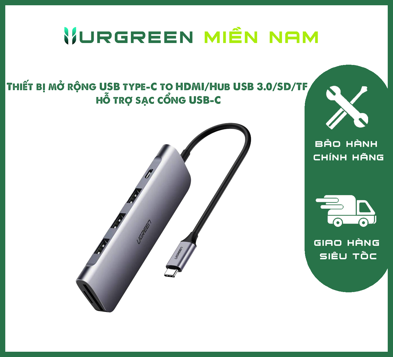 Thiết bị mở rộng USB type-C to HDMI/Hub USB 3.0/SD/TF hỗ trợ sạc cổng USB-C chính hãng Ugreen 70411